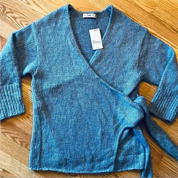 NWT Zara The Knitwear Collection Baby Blue Chunky Oversized Wrap Sweater - Picture 6 of 12